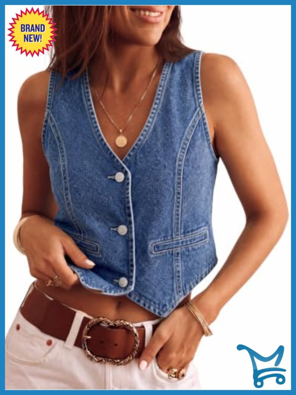 Sleeveless V Neck Button Down Denim Waistcoat Jacket Sleeveless